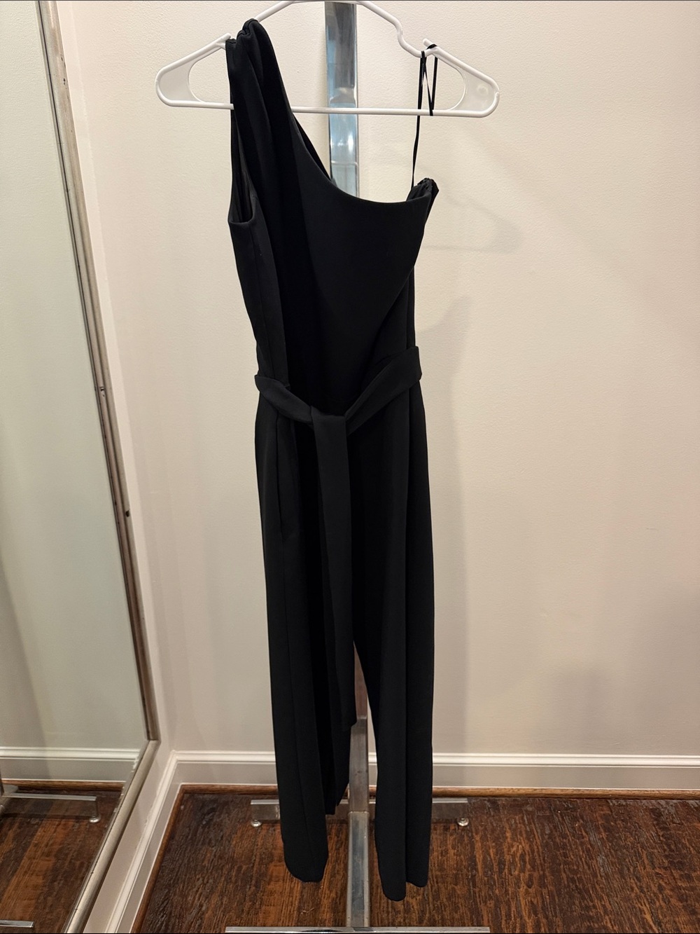 Asymmetric One-Shoulder Black Jumpsuit with Waist Sash